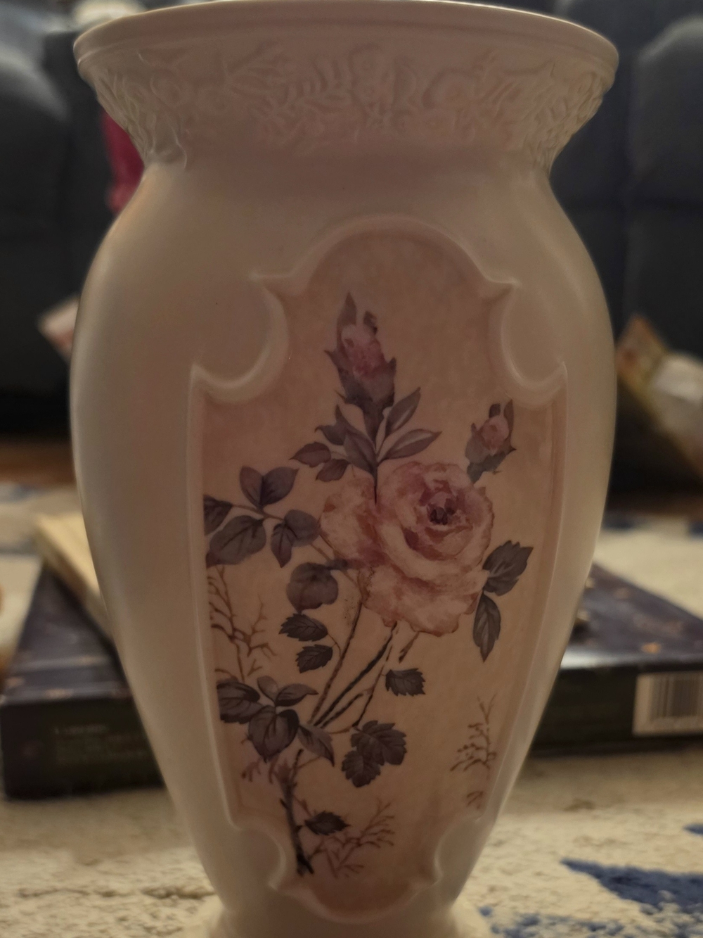 Vintage FTD Laura Ashley Ceramic Vase 9.5" Cream Pink Rose Embossed Floral